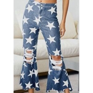 BiBi‎ Star Print Denim Flare Jeans Distressed Ripped Blue Large 70's Halloween